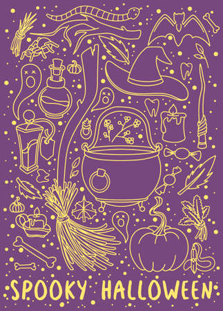 Postcard, poster spooky halloween. Festive purple and gold. Vector, doodle, line.のイラスト素材