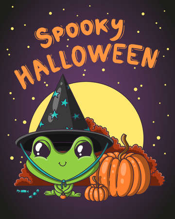Postcard, poster for Halloween. Spooky Halloween. Vector, doodle style. Frog wearing a witch and pumpkin hat. Night, stars.のイラスト素材