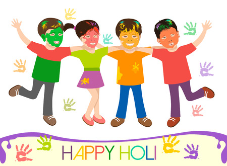 Illustration of dirty kids in different colors playing Holi with color hand prints. Happy Holiのイラスト素材