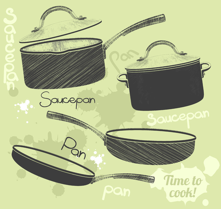 Pans and pots realistic set with frying pan saucepan and bowl isolated vector illustrationのイラスト素材
