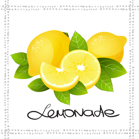 Fresh lemon fruit slice. Realistic juicy citrus with leaves illustration isolated on white background.のイラスト素材