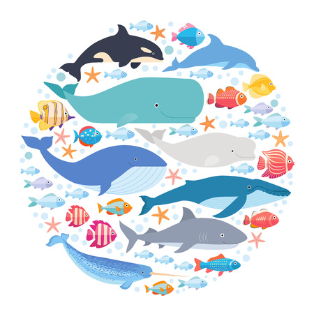 Marine mammals and fishes set in circle. Narwhal, blue whale, dolphin, beluga whale, humpback whale, bowhead and sperm whale vector isolatedのイラスト素材