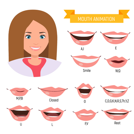 Female mouth animation. Phoneme mouth chart. Alphabet prononciationのイラスト素材