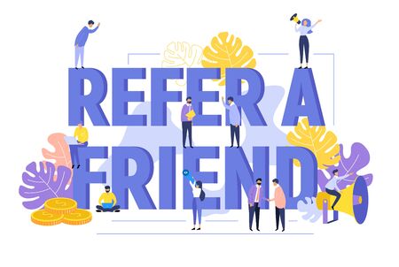 Refer a friend text concept background with people shouting in megaphone for a web page. Business promotion, advertising, calling through a shout, online alerting word flat vector illustrationのイラスト素材