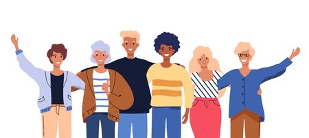 Happy people group portrait. Friends waving hands, embracing each other vector illustration on whiteのイラスト素材