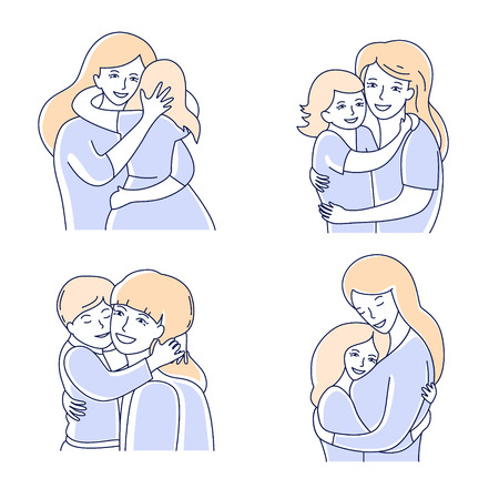 Motherhood. Mother love and child. Mom looking at the baby hand drawn style vector illustrationのイラスト素材