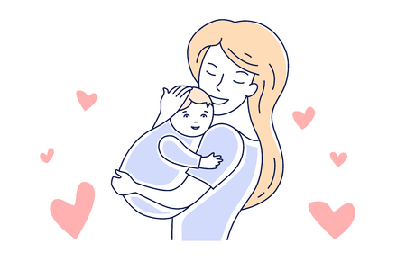 Mother and baby. Motherhood love. Mom hugging a child hand drawn style vector illustrationのイラスト素材