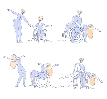 Wheelchair dance club. Men and women with disabilities sport leisure. Disabled people dancing simple line vector illustration set isolated on white backgroundのイラスト素材