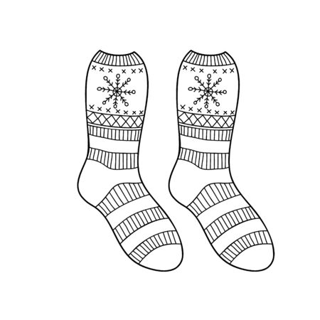 Black engraved socks drawing. Winter warm Christmas garment for the foot ink hand drawn style vector illustration isolated on whiteのイラスト素材