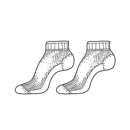 Black engraved textile socks drawing. Short cotton garment for the foot ink hand drawn style vector illustrationのイラスト素材