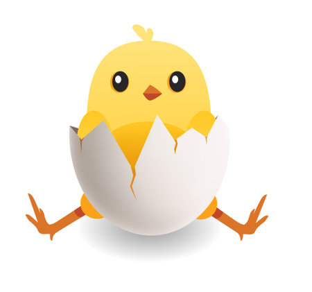 Cute yellow bird in cracked egg. Chick hatches from egg vector illustrationのイラスト素材