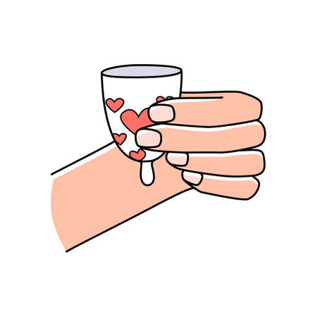 Menstrual cup in hand to collect blood while menstruation period. Feminine personal hygiene zero waste device vector illustrationのイラスト素材