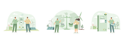 Carbon neutrality and co2 reduction sustainability concept. Green energy use, reduce co2 emission and climate change. ESG, green industry and low carbon vector illustration setのイラスト素材