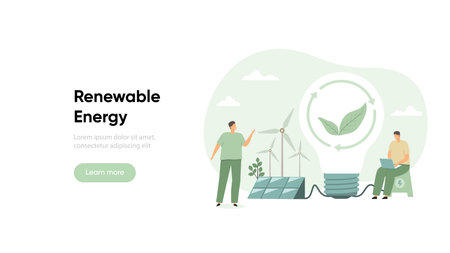 Sustainability and circular economy concept. Using renewable energy. ESG, green energy, sustainable industry with windmills and solar panels. Low carbon concept vector illustrationのイラスト素材