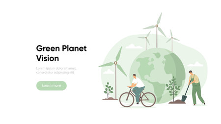 Sustainability and nature recovery concept by planting trees and using renewable energy. Eco friendly e-bike near windmills. ESG, green energy, sustainable industry with windmills. Low carbon concept vector illustrationのイラスト素材