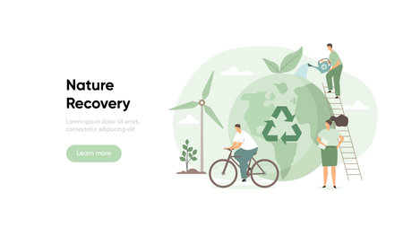 Sustainability and nature recovery concept by planting trees and using renewable energy. Eco friendly e-bike near windmills. ESG, green energy, sustainable industry with windmills. Low carbon concept vector illustrationのイラスト素材