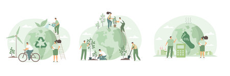 Sustainability and circular economy concept. Green energy use, reduce co2 emission and climate change. ESG, green industry and low carbon vector illustration setのイラスト素材