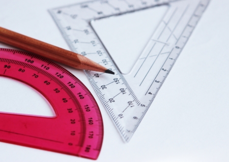 Drawing equipment on white paper - close-upの写真素材