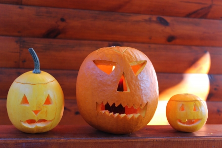 Halloween pumpkin head jack lantern with scary evil faces の写真素材