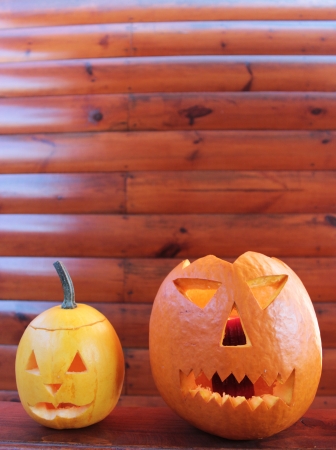 Halloween pumpkin head jack lantern with scary evil faces の写真素材