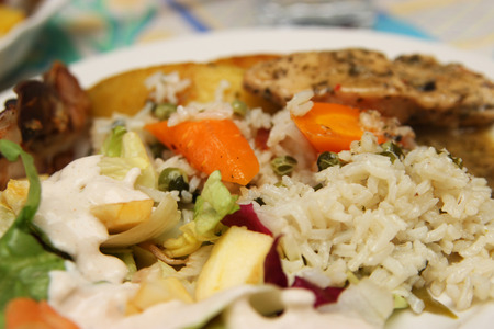 Rice, salad and chicken breast の写真素材