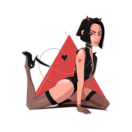 Seductive cat woman in stockings, high heels, collar and latex fetish suit playing with her leash. Stylish bdsm pet play isolated vector illustrationのイラスト素材