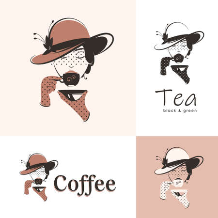 A woman in an elegant hat drinks coffee or tea. Retro style vector illustration. logo options.のイラスト素材