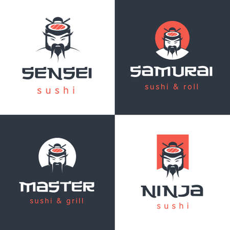 Vector logo template for sushi and rolls bar or restaurant. Set of japanese or chinese traditional food icon.のイラスト素材