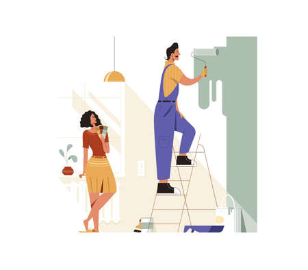 Decorator flat vector illustration. Painter man painting white wall with roller. Woman chooses a color.のイラスト素材