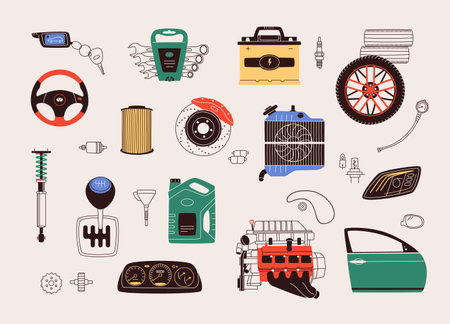 Flat design vector illustration of car parts, spares and accessories. Set includes auto parts such as engine, gearbox, transmission, wheel, battery, brakes, dashboard, filter, toolのイラスト素材