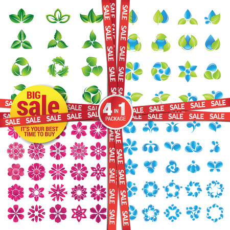 Set of icons on the nature theme, water, leaf, flowers  Special offer 4 in 1 package  Big Sale のイラスト素材