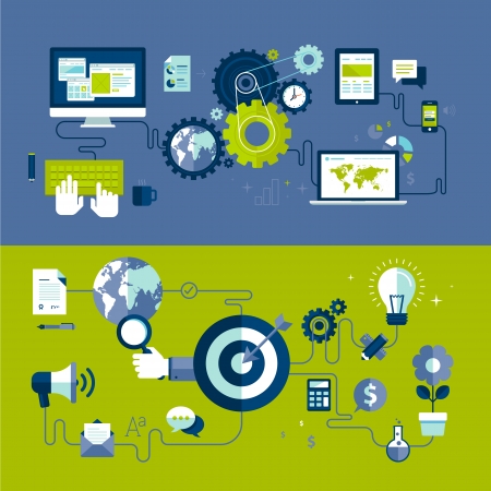 Flat design vector illustration concepts of responsive web design and internet advertising working process, isolated on stylish background のイラスト素材