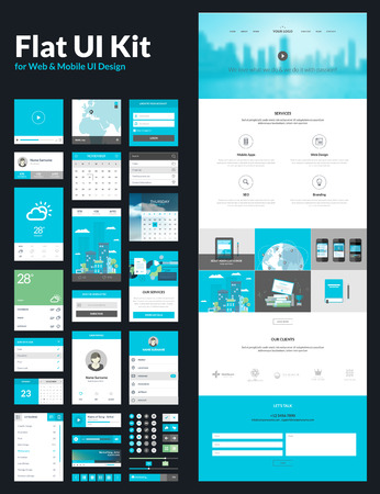 One page website design template  All in one set for website design that includes one page website templates, flat UI kit for web and mobile design, and flat design concept illustrations     のイラスト素材