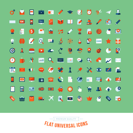 Set of flat design universal icons  Icons for business, marketing, education, technology, seo, media, communication, finance, shopping, e-commerce, nature, web and app development, design, sport のイラスト素材