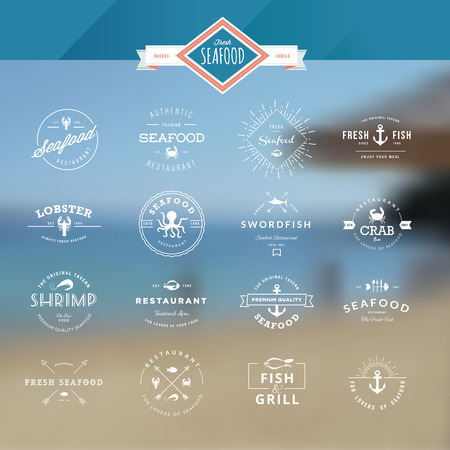 Set of vintage style elements for labels and badges for seafood, on the sea backgroundのイラスト素材