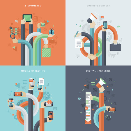 Set of flat design concept icons for business and marketing. Icons for online commerce, mobile marketing, business and digital marketing. Concepts for web and mobile phone services and apps.     のイラスト素材