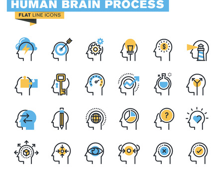 Flat line icons set of human brain process, brain thinking, emotions, mental health, creative process, business solutions, character experience, learning, strategy and development, opportunities.のイラスト素材