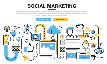 Flat line design concept for social marketing, social media and network, sharing media informations, people networking communication, digital marketing, for website banner and landing page.のイラスト素材