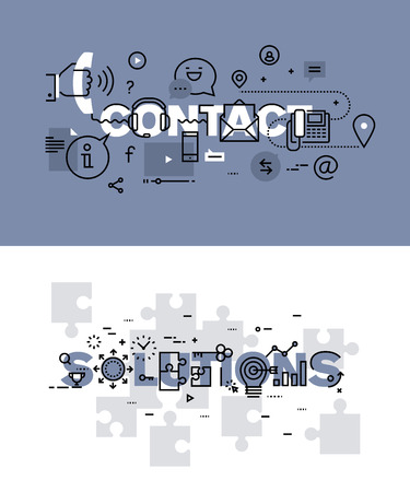 Set of modern vector illustration concepts of words contact and solutions. Thin line flat design banners for website and mobile website, easy to use and highly customizable.のイラスト素材