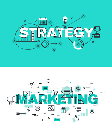 Set of modern vector illustration concepts of words strategy and marketing. Thin line flat design banners for website and mobile website, easy to use and highly customizable.のイラスト素材