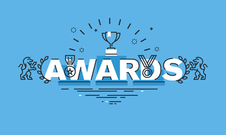 Thin line design concept for awards website banner. Vector illustration concept for information about awards for the business success, sports achievements, quality of products, charity work, science.のイラスト素材