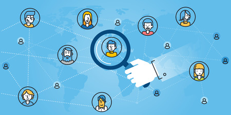 Flat line design website banner of networking, find the right person, searching people for the job, human resources. Modern vector illustration for web design, marketing and print material.のイラスト素材
