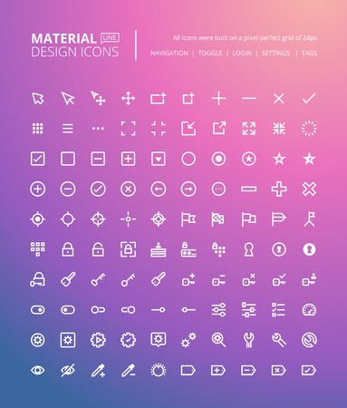 Set of material design line icons. Pixel perfect icons for navigation and setting, toggles and tags, web and app development.のイラスト素材
