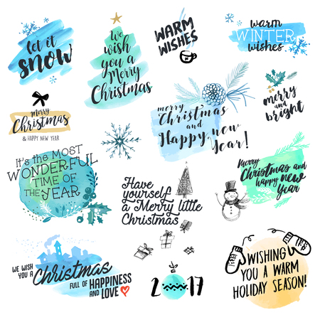 Set of Christmas and New Year hand drawn badges and labels. Watercolor vector illustrations for greeting cards, website design, gift tags and marketing material.のイラスト素材