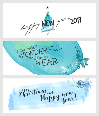Set of Christmas and New Year social media banners. Hand drawn vector illustrations for website and mobile banners, internet marketing, greeting cards and printed material design.のイラスト素材