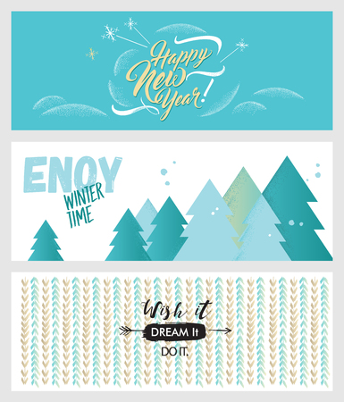 Set of Christmas and New Year social media banners. Hand drawn vector illustrations for website and mobile banners, internet marketing, greeting cards and printed material design.のイラスト素材