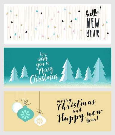 Set of Christmas and New Year social media banners. Hand drawn vector illustrations for website and mobile banners, internet marketing, greeting cards and printed material design.のイラスト素材