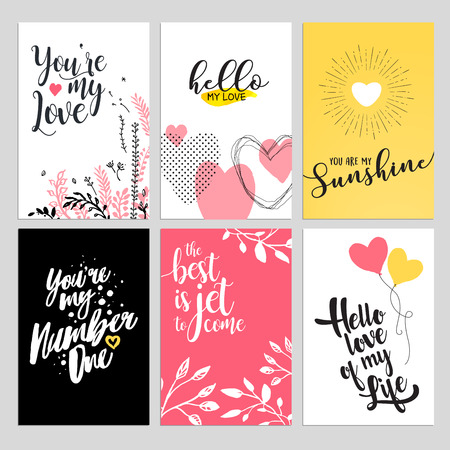 Set of Valentine day greeting cards. Flat design vector illustrations for love messages, social media banners and covers, website badges and banners, printed material.のイラスト素材