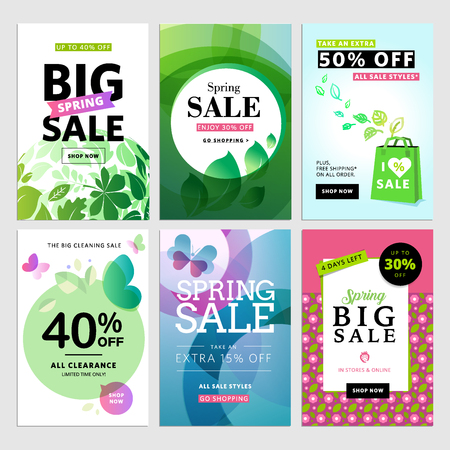 Eye catching spring sale banners set. Vector illustrations of online shopping website and mobile website banners, posters, newsletter designs, ads, coupons, social media banners.のイラスト素材