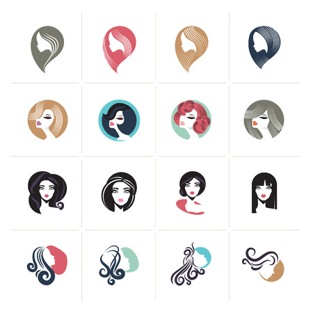 Set of flat design woman avatar icons and signs for beauty, fashion, cosmetics, spa and wellness, healthcare and natural products.のイラスト素材